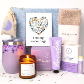 Lavender Spa Gift Basket For Women Relaxation Gifts Self Care Package with Lavender Scented Candle Wine Tumbler Bath Bomb Soap Socks Hand Cream &