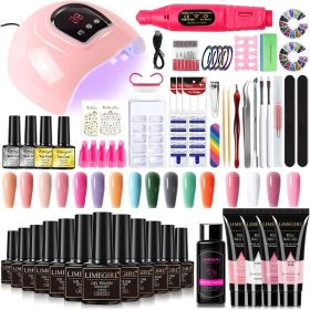 Limegirl 16 Colors Manicure Set with 54W UV LED Lamp 2Set Base Coat Top Coat and Nail Drill Machine Professional Poly Nails Gel Kit Soak-off Nail