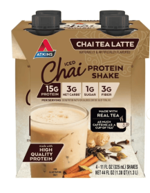 Atkins Iced Protein Shake, Chai Tea Latte flavor, Keto Friendly, 15g of Protein, Caffeinated, 4 Count