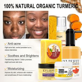 AILKE Turmeric Skin Care, Brightening, Anti Spot, Cleansing, Reduce Acne, With Body Scrub, Lotion, Face Cream, Soap, Toner (Color: Set)